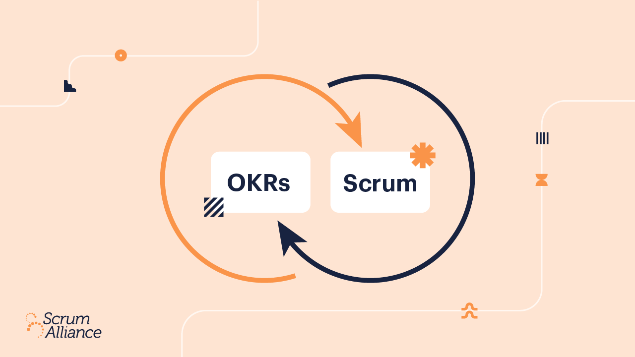 An orange Scrum Alliance graphic showing  the words "scrum" and "OKRs" in interconnected loops